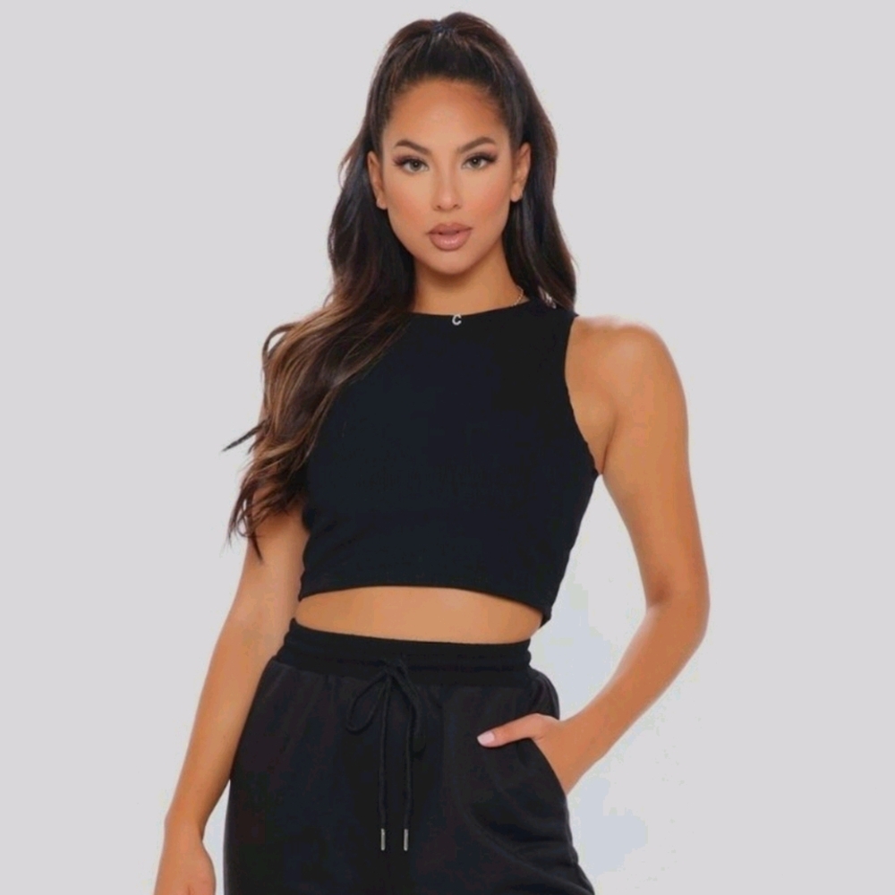 Fashion Nova Ribbed Jogger Crop Top black medium